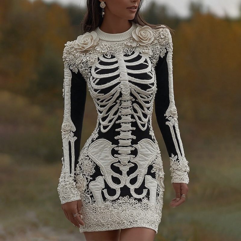 Women's Vintage Halloween Skeleton Bones With Rose Art Cozy Knit Mini Sweater Dress