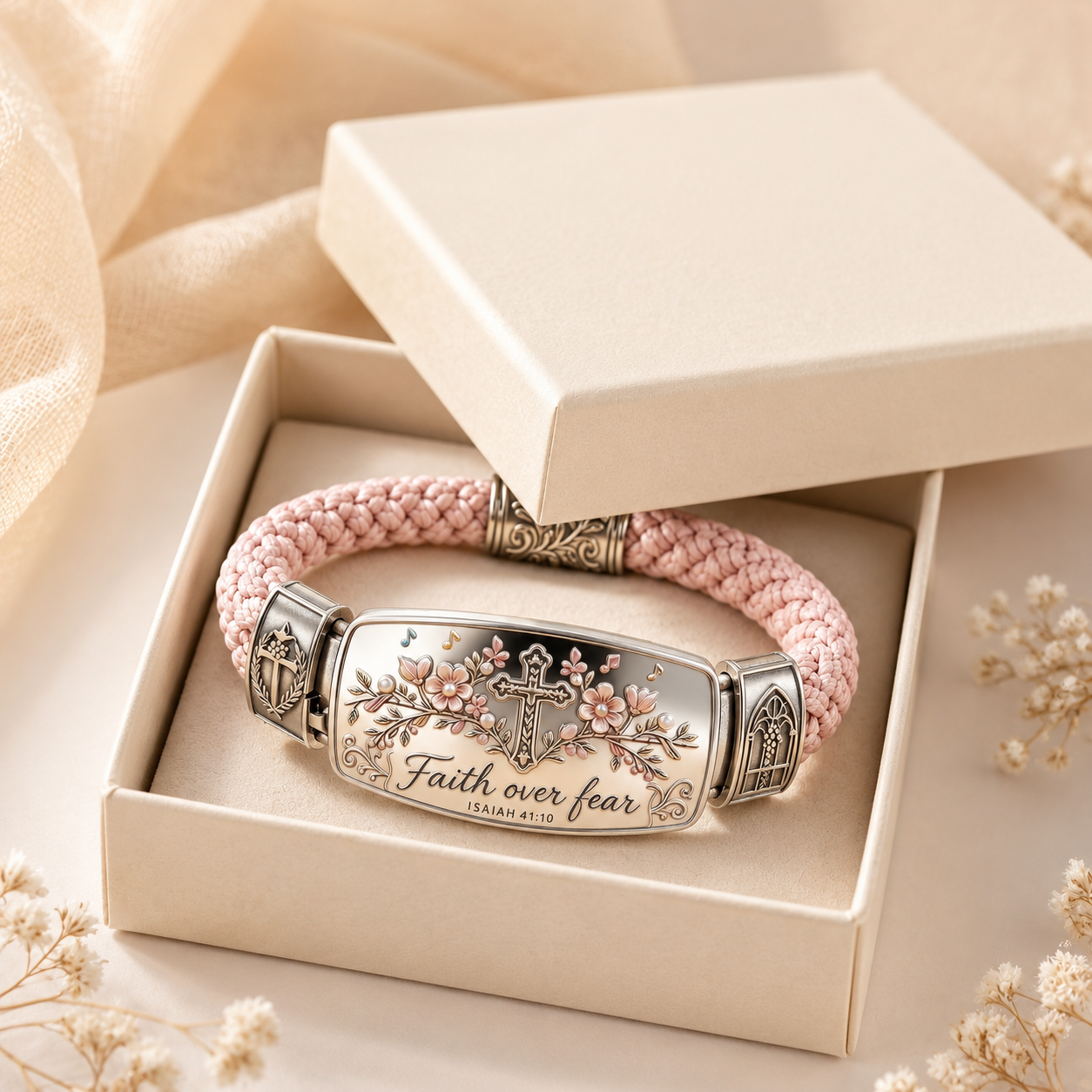 Cross and floral details on Isaiah 41:10 bracelet