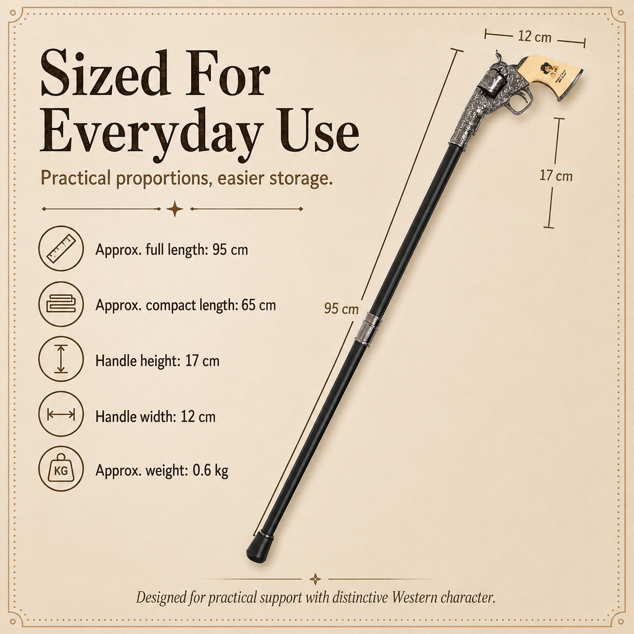 Adjustable Western revolver-inspired walking cane