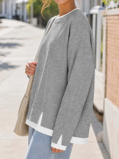 Women Crew Neck Layered Look Striped Patchwork Drop Shoulder Oversized Sweatshirt