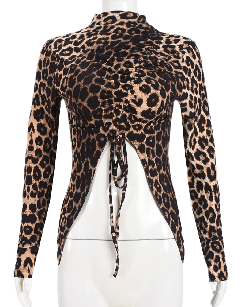 Hot Girl Leopard Print Women's Clothing Drawstring Navel-Exposed Tight Long Sleeve Tops T-shirt Wome