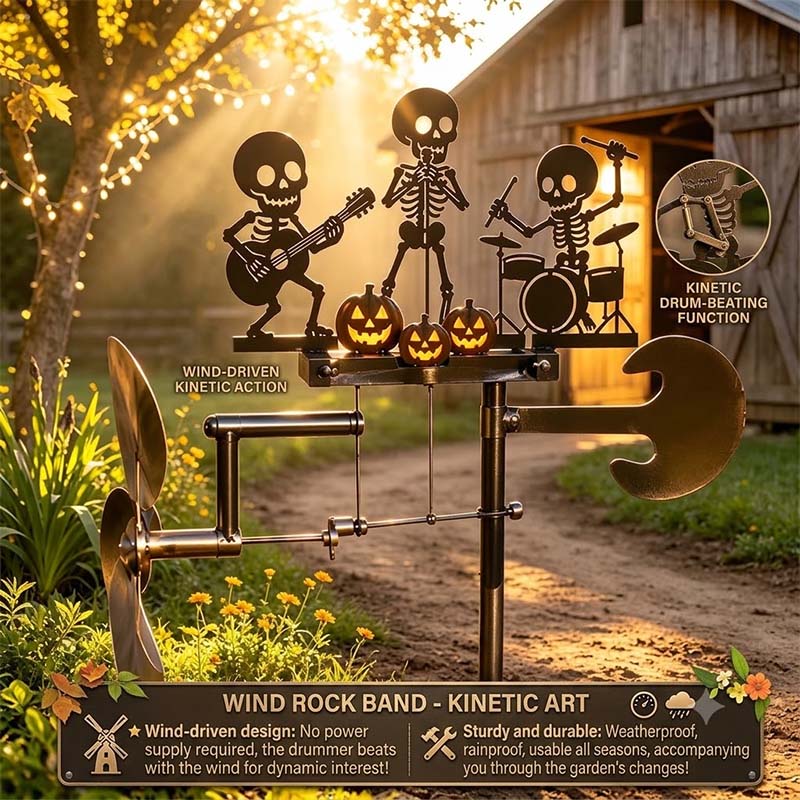 Metal skeleton rock band windmill displayed outdoors
