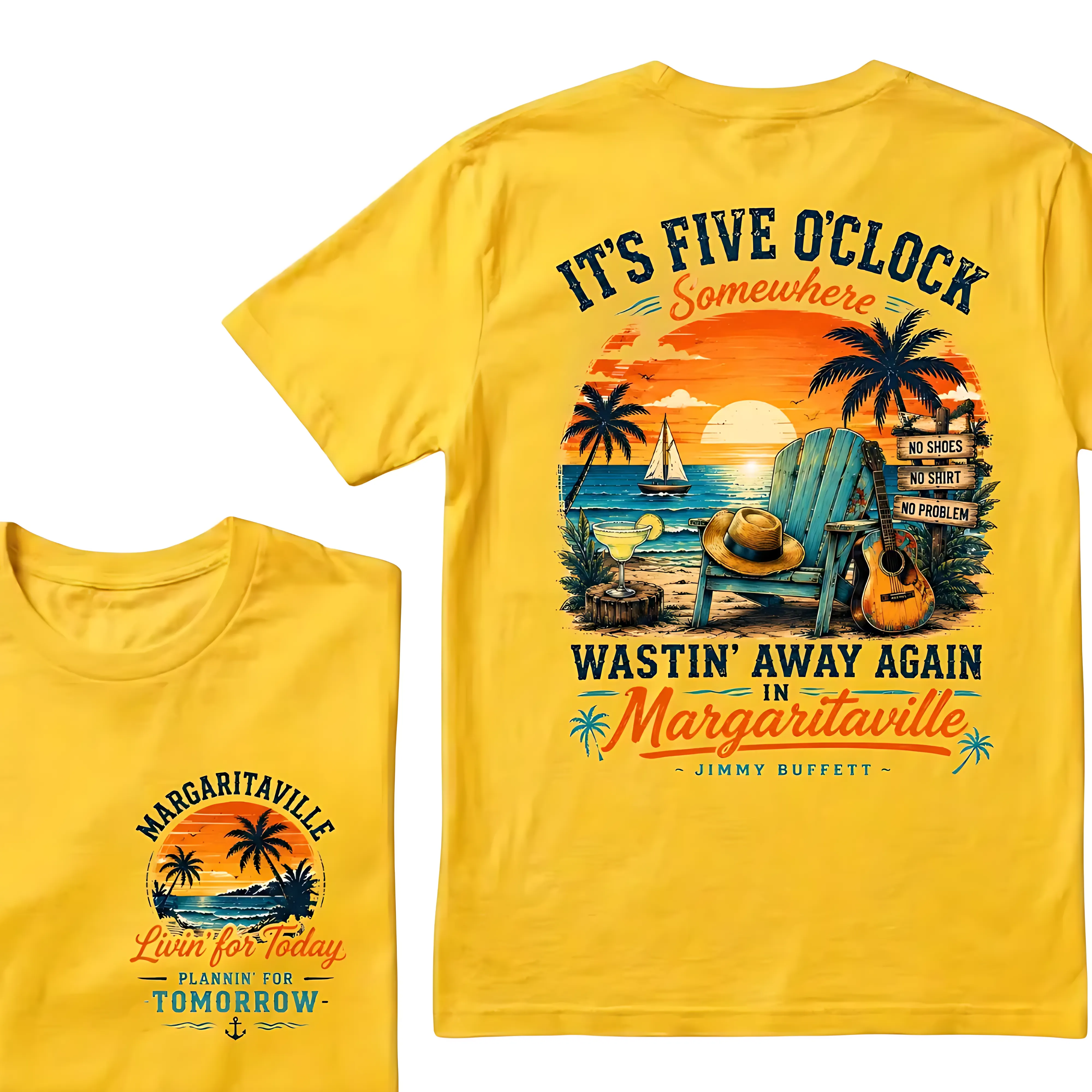 It's Five O'Clock Somewhere Wastin' Away Again In Margaritaville Parrot Guitar Sunset Beach No Shoes No Shirt No Problem Graphic T-Shirt