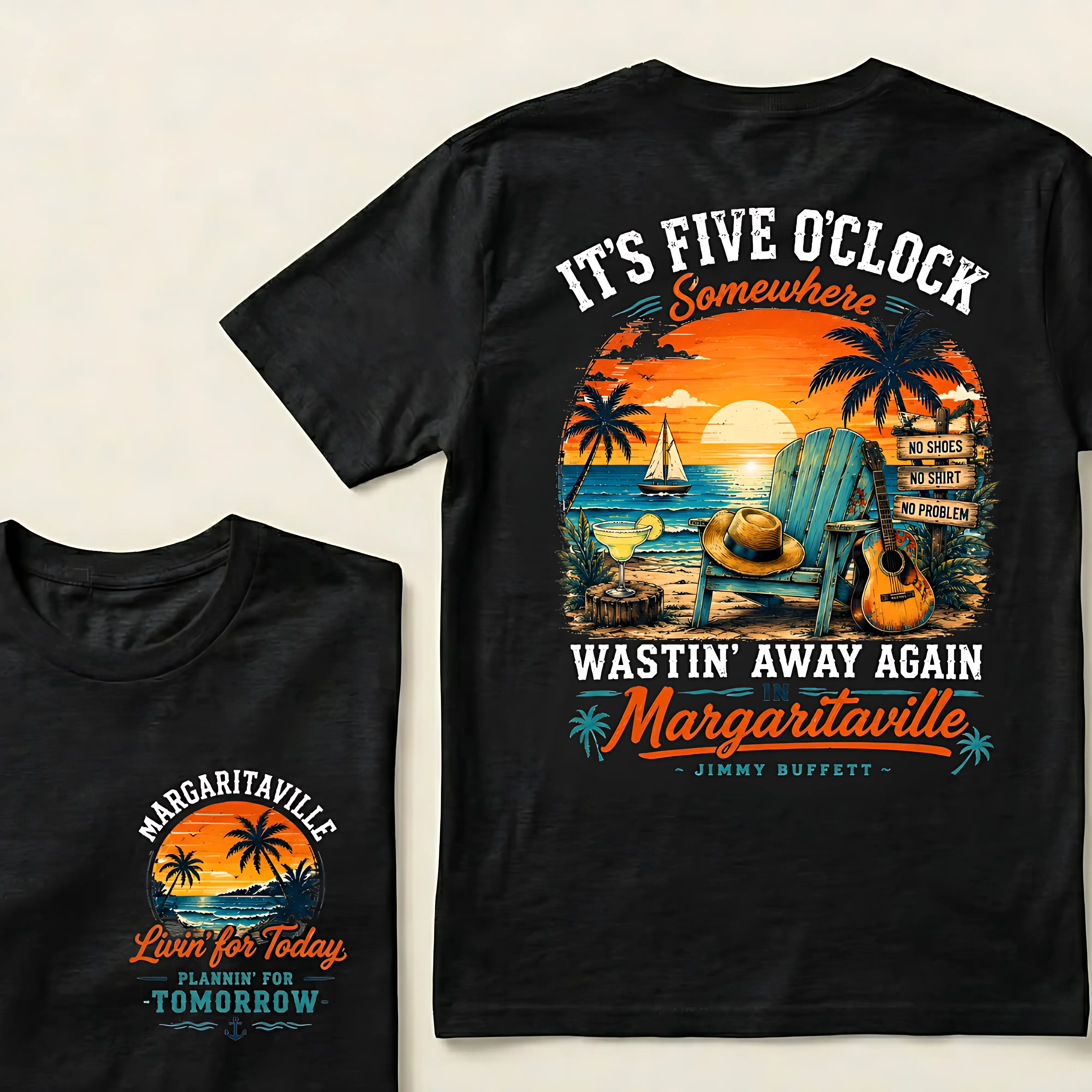 It's Five O'Clock Somewhere Wastin' Away Again In Margaritaville Parrot Guitar Sunset Beach No Shoes No Shirt No Problem Graphic T-Shirt