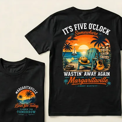 It's Five O'Clock Somewhere Wastin' Away Again In Margaritaville Parrot Guitar Sunset Beach No Shoes No Shirt No Problem Graphic T-Shirt