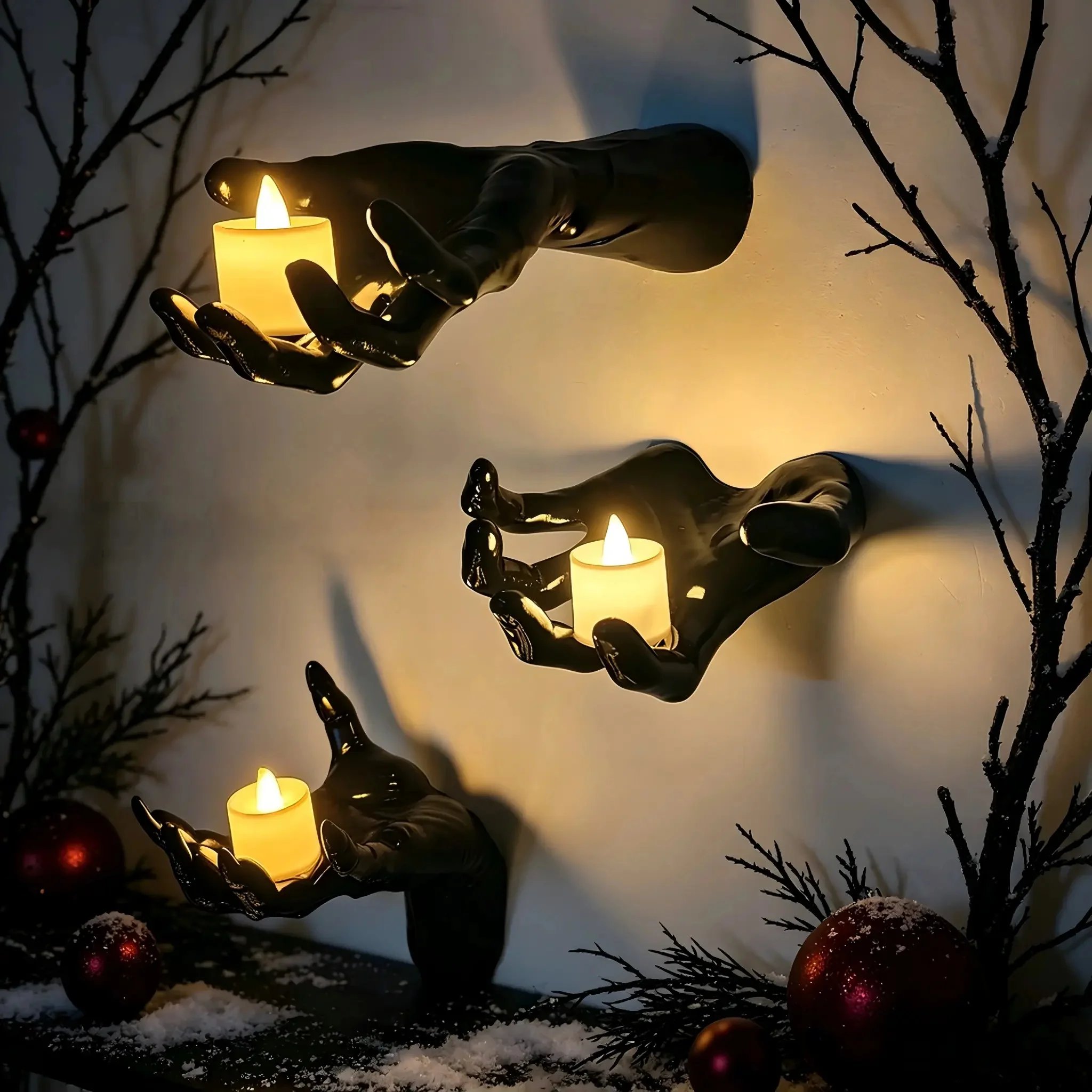 Halloween Decorations, Pack of 3 Wall Mounted Creepy Reaching Hands with Lighted Candles