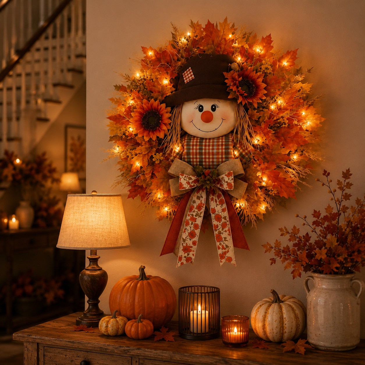 Smiling scarecrow fall door wreath