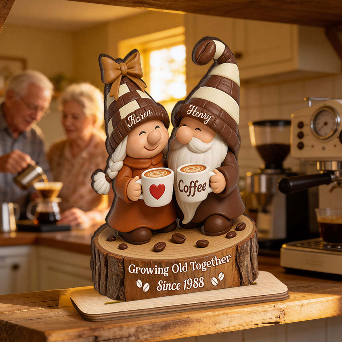 Coffee Gnome Couple - Personalized Standing Wooden Plaque - Gift for Couple