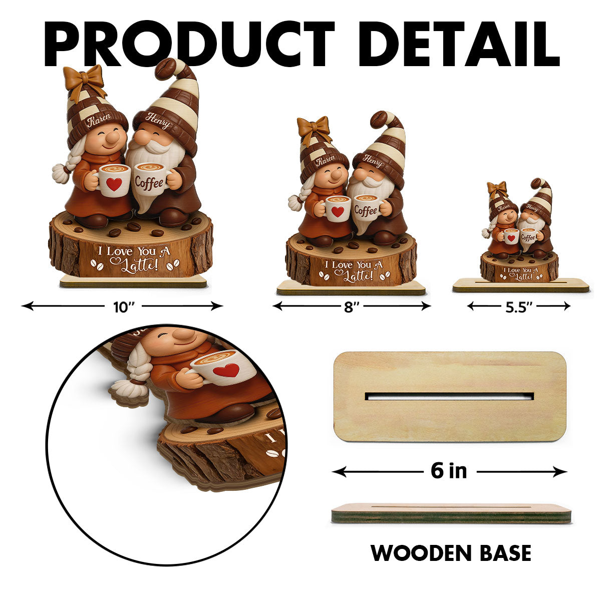 Coffee Gnome Couple - Personalized Standing Wooden Plaque - Gift for Couple