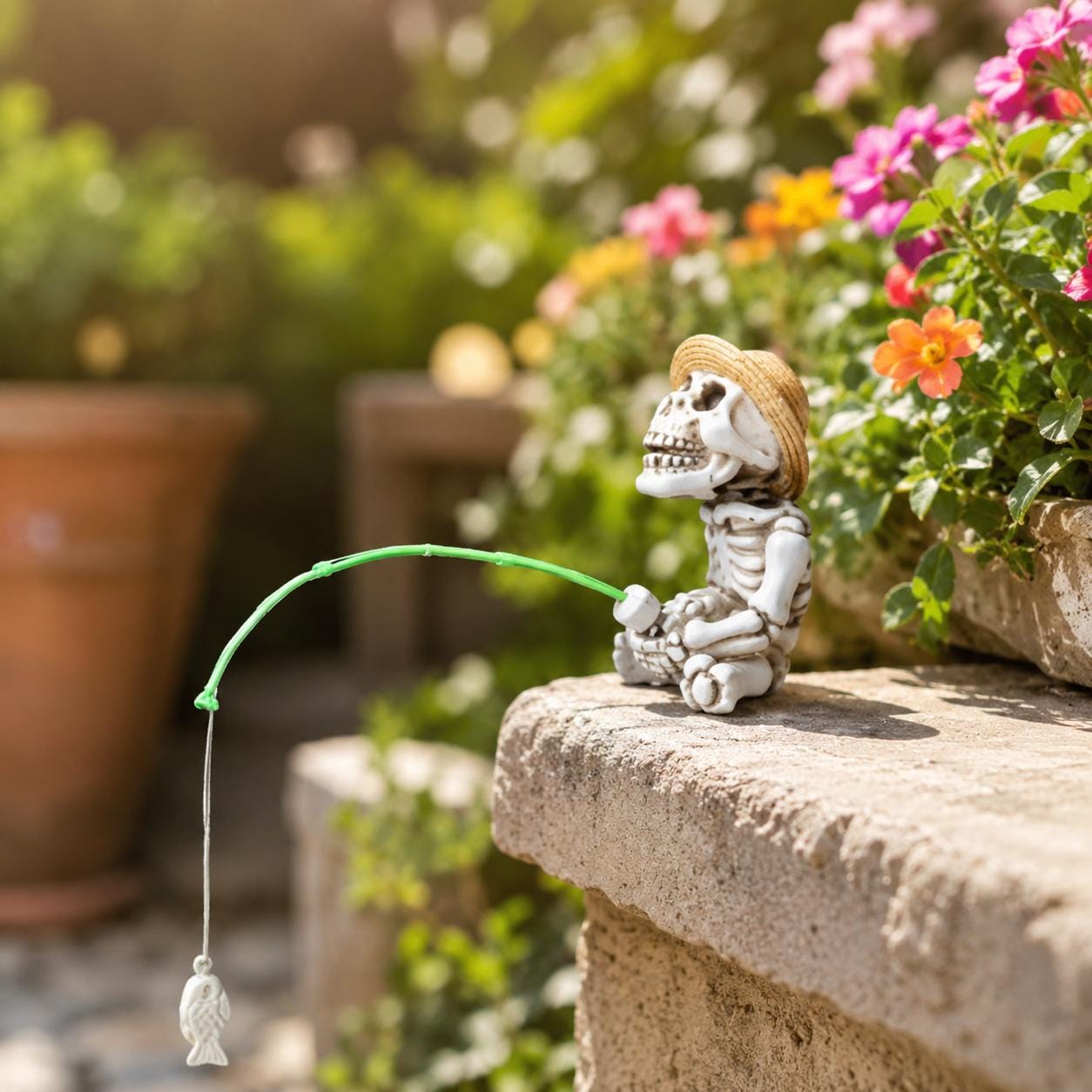 Skeleton Fisherman Ornament, Spooky Resin Fishing Figurine, Garden Planter Decor (Halloween)