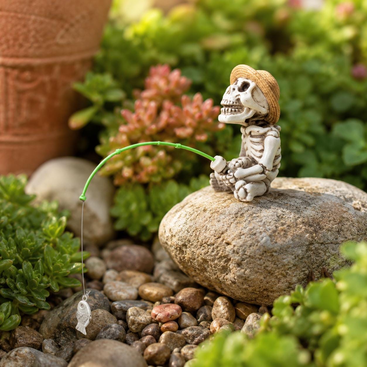Skeleton Fisherman Ornament, Spooky Resin Fishing Figurine, Garden Planter Decor (Halloween)
