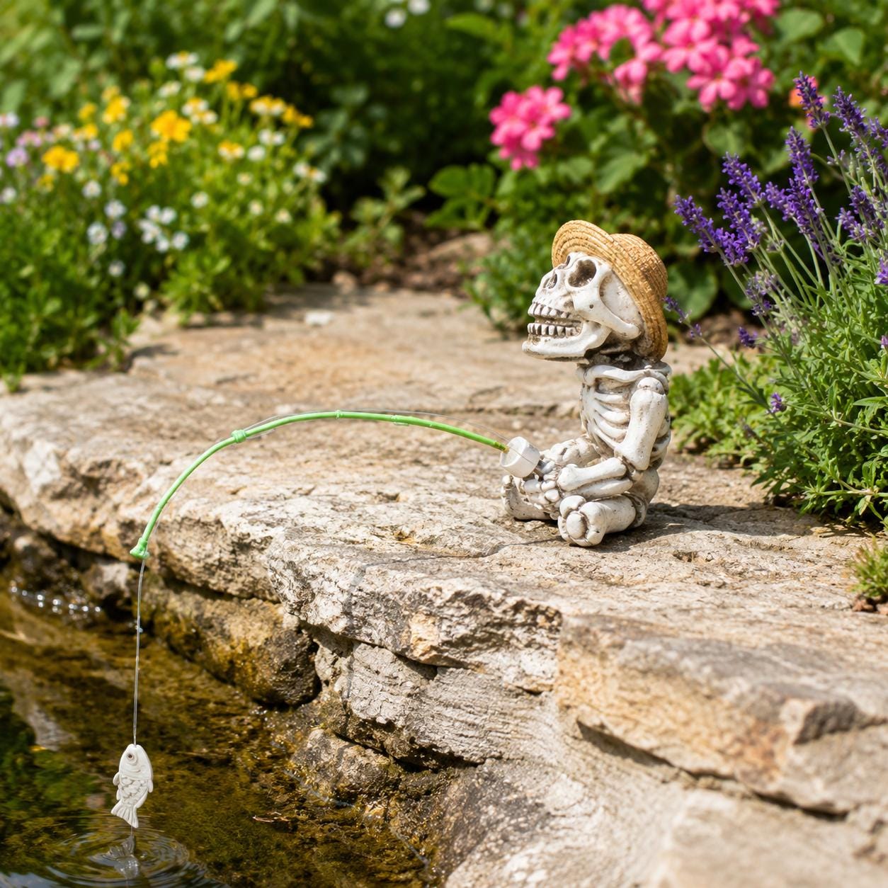 Skeleton Fisherman Ornament, Spooky Resin Fishing Figurine, Garden Planter Decor (Halloween)