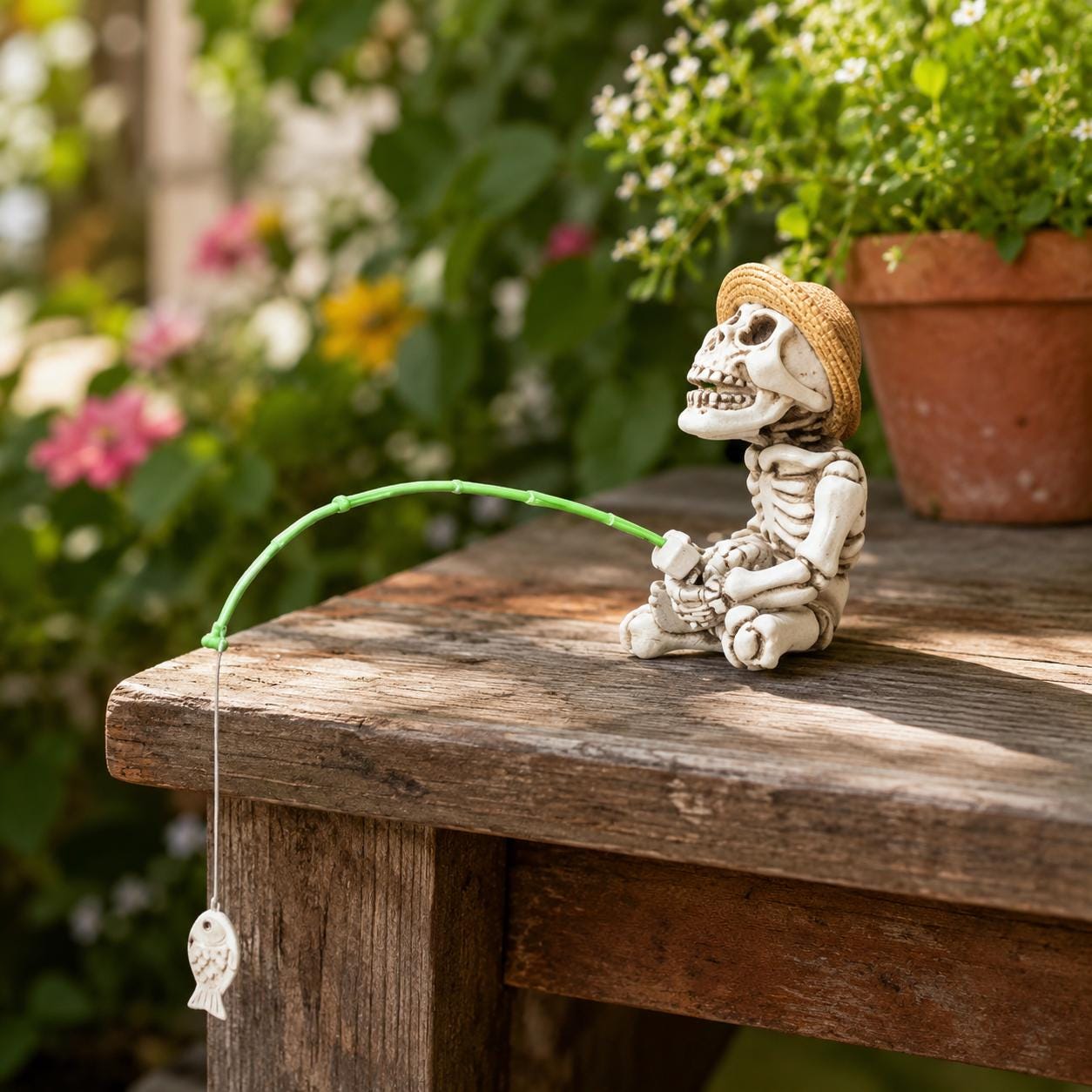 Skeleton Fisherman Ornament, Spooky Resin Fishing Figurine, Garden Planter Decor (Halloween)