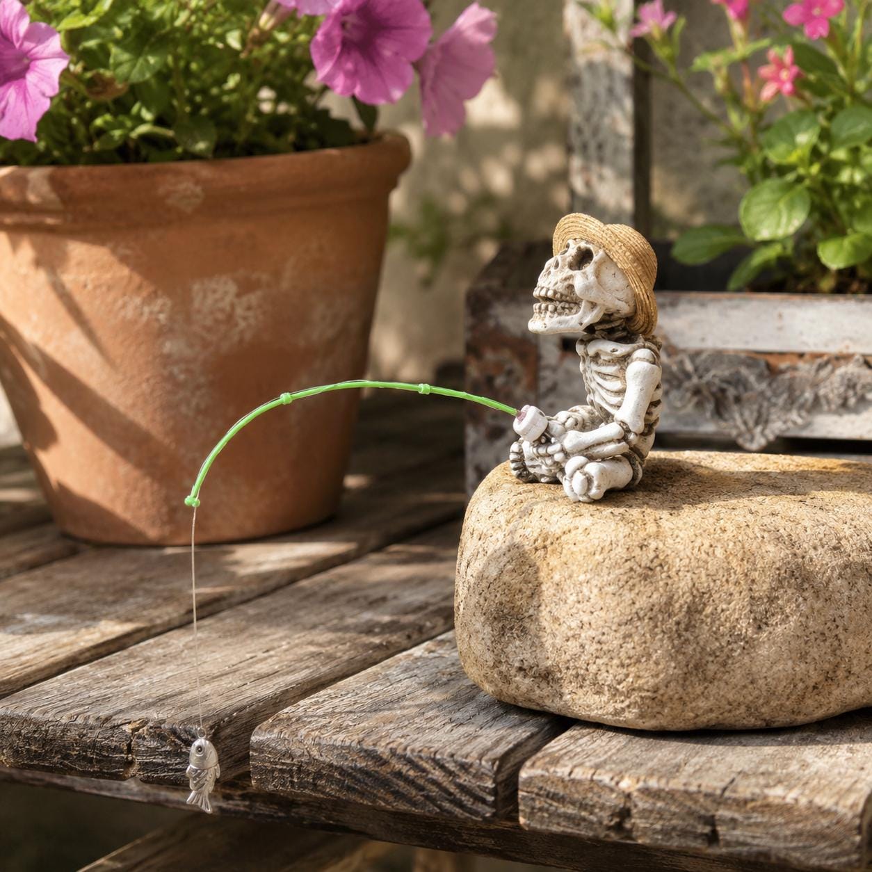 Skeleton Fisherman Ornament, Spooky Resin Fishing Figurine, Garden Planter Decor (Halloween)
