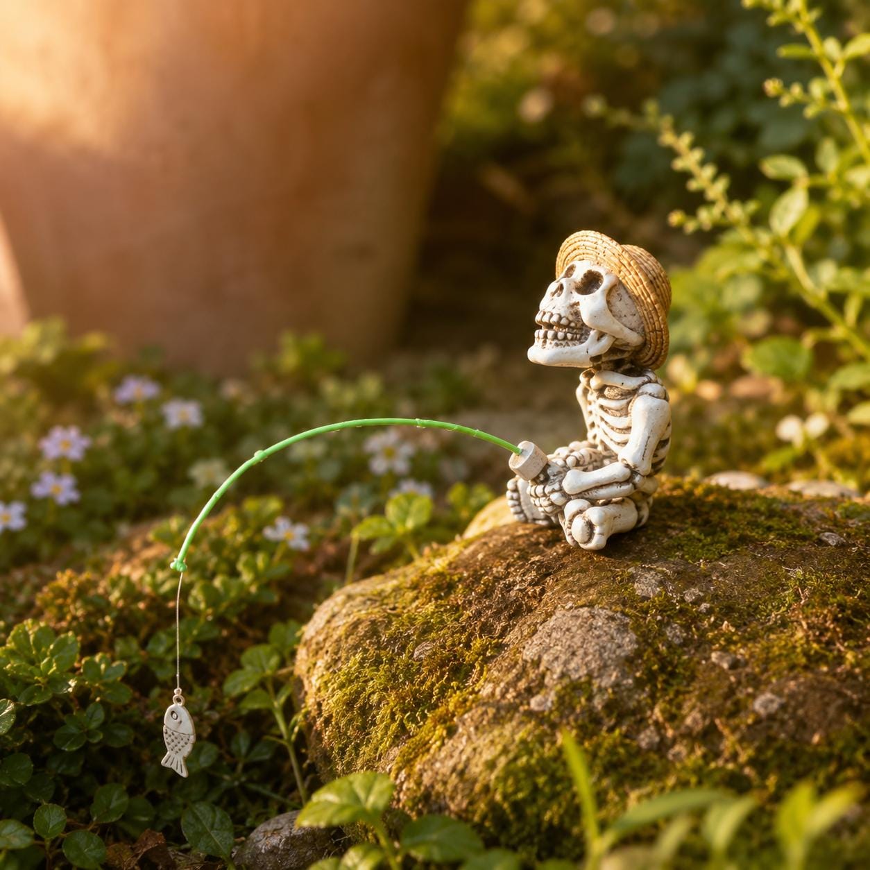 Skeleton Fisherman Ornament, Spooky Resin Fishing Figurine, Garden Planter Decor (Halloween)