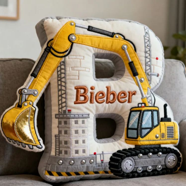 Personalized Excavator Theme Initial Name Graphic 3D Print Pillow Christmas Gift for Kids