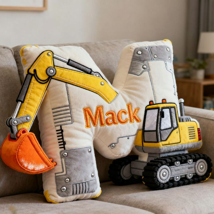 Personalized Excavator Theme Initial Name Graphic 3D Print Pillow Christmas Gift for Kids