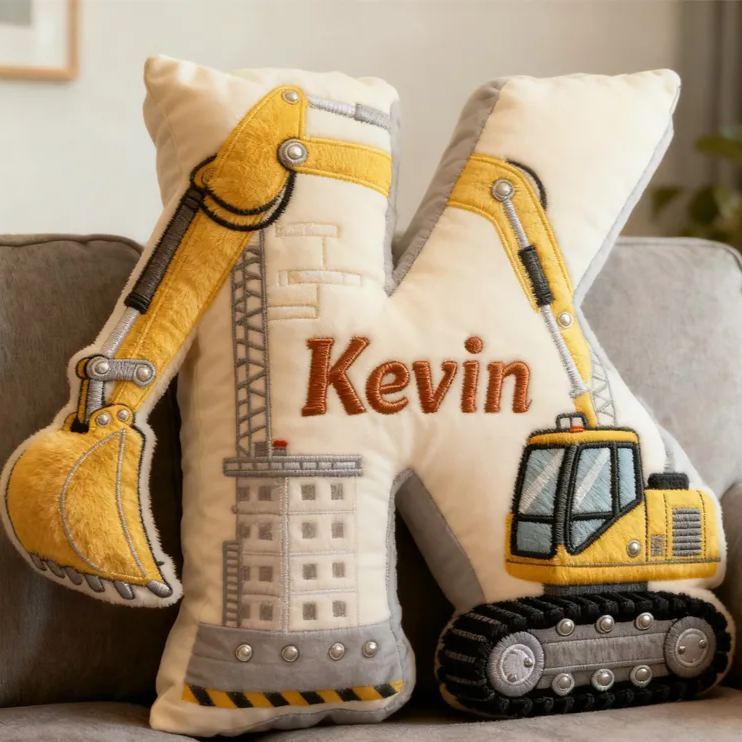 Personalized Excavator Theme Initial Name Graphic 3D Print Pillow Christmas Gift for Kids
