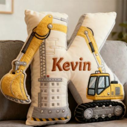 Personalized Excavator Theme Initial Name Graphic 3D Print Pillow Christmas Gift for Kids