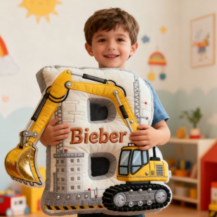 Personalized Excavator Theme Initial Name Graphic 3D Print Pillow Christmas Gift for Kids