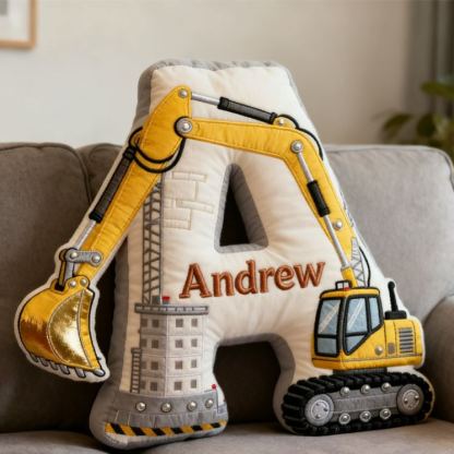 Personalized Excavator Theme Initial Name Graphic 3D Print Pillow Christmas Gift for Kids