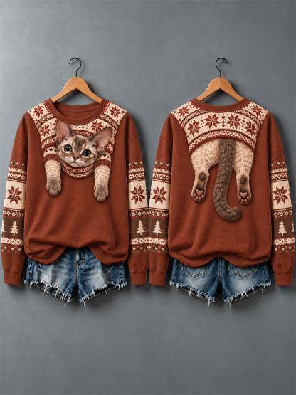 Women's Cute Animal Print Autumn And Winter Sweatshirt - Design 10 - Brick Red