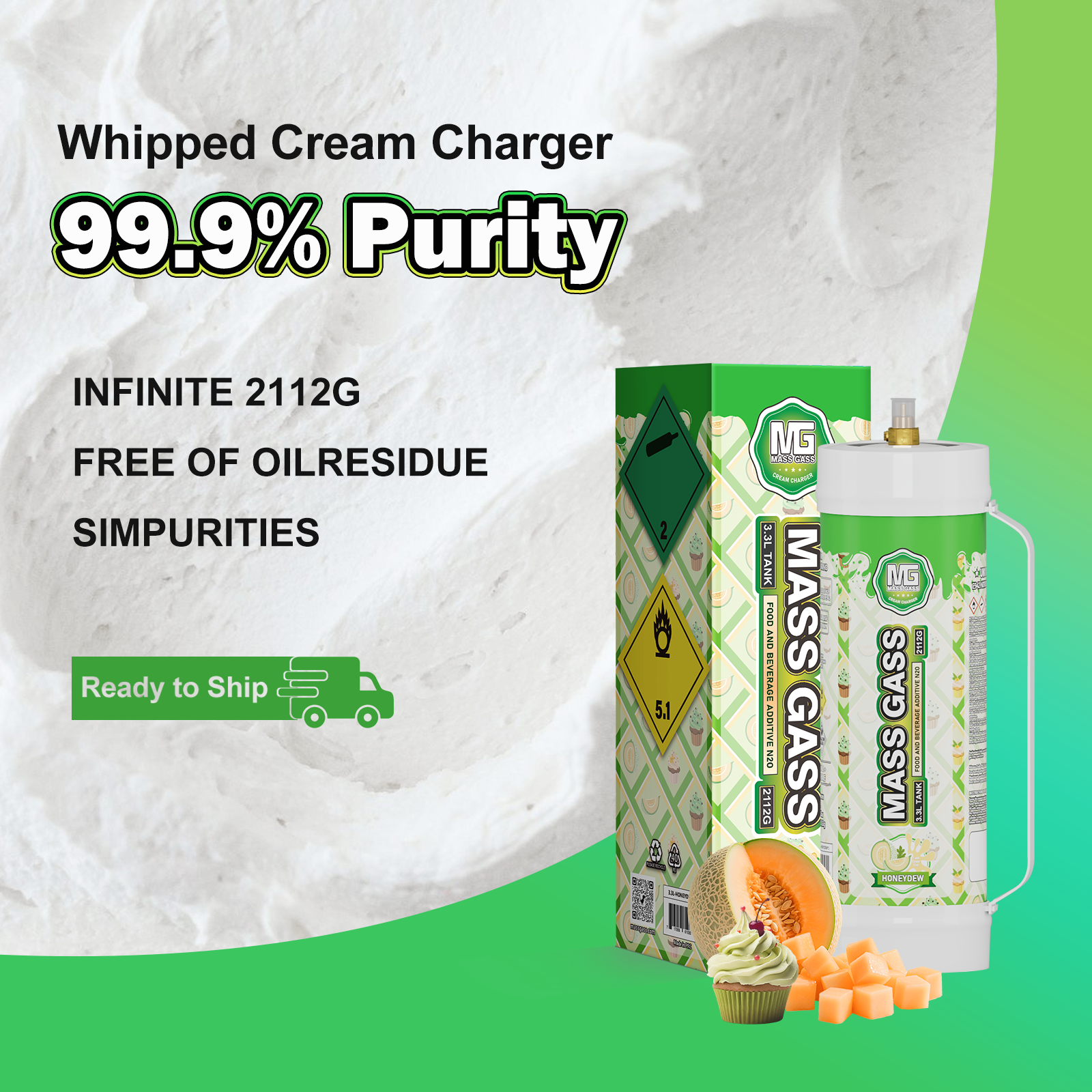MassGass 3.3L/2112g -Honeydew Flavor Whipped Nitrous Oxide Cream Charger Tanks