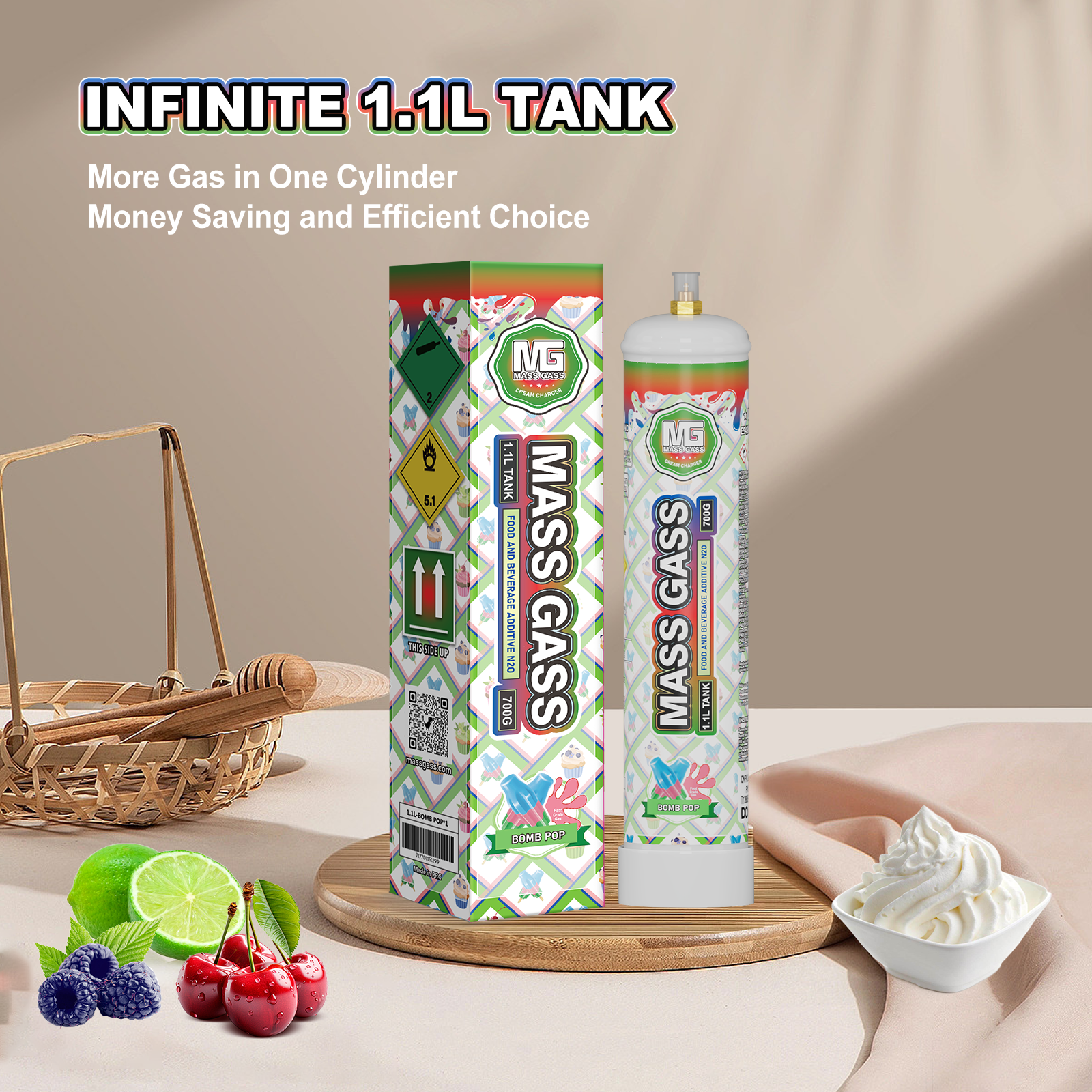 MassGass 1.1L/700g -Bombpop Flavor Whipped Nitrous Oxide Cream Chargers