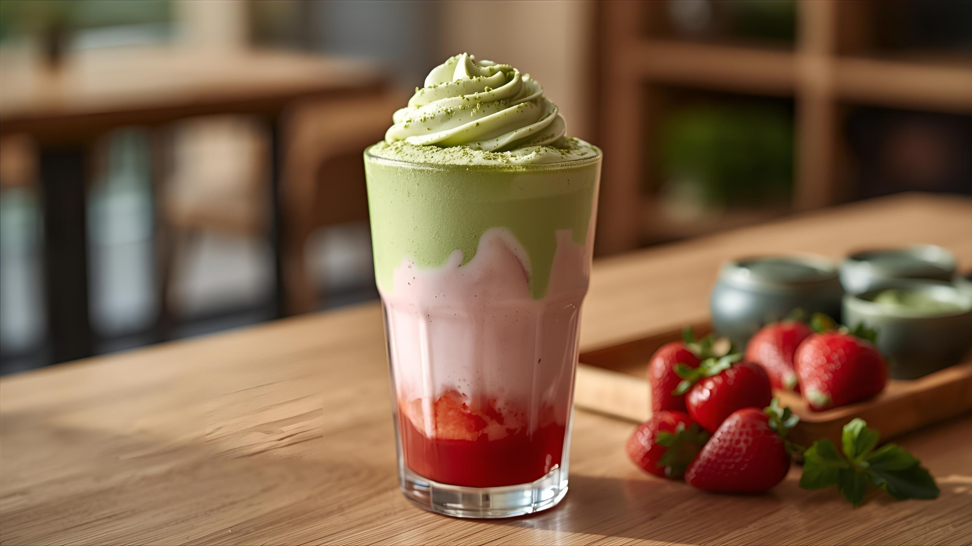Matcha Cream Topping with Strawberry Milk