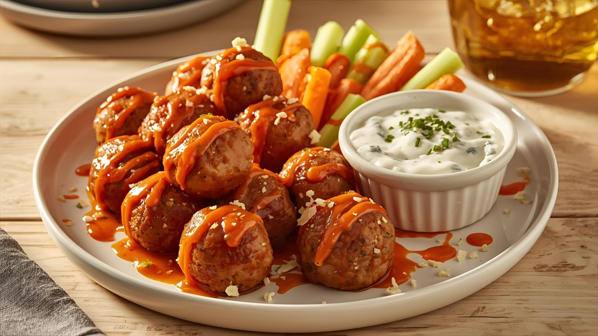 Vegetarian Buffalo “Meatballs” With Blue Cheese Dip