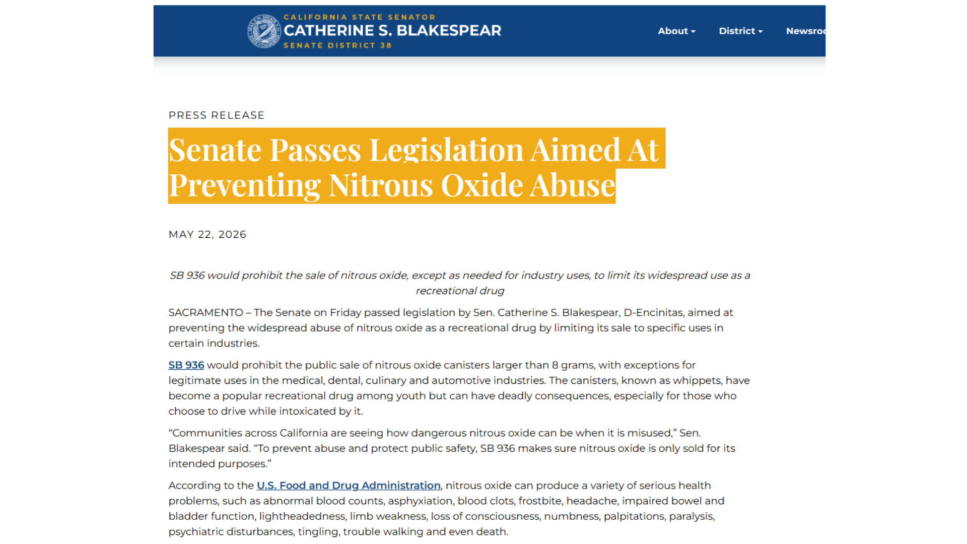 California Senate Passes Bill Restricting Nitrous Oxide Sales