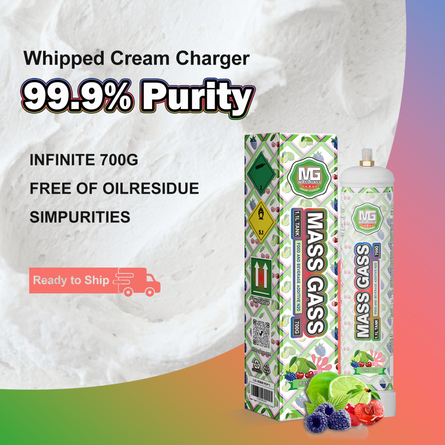 MassGass 1.1L/700g -Bomb Pop Flavor Whipped Nitrous Oxide Cream Chargers