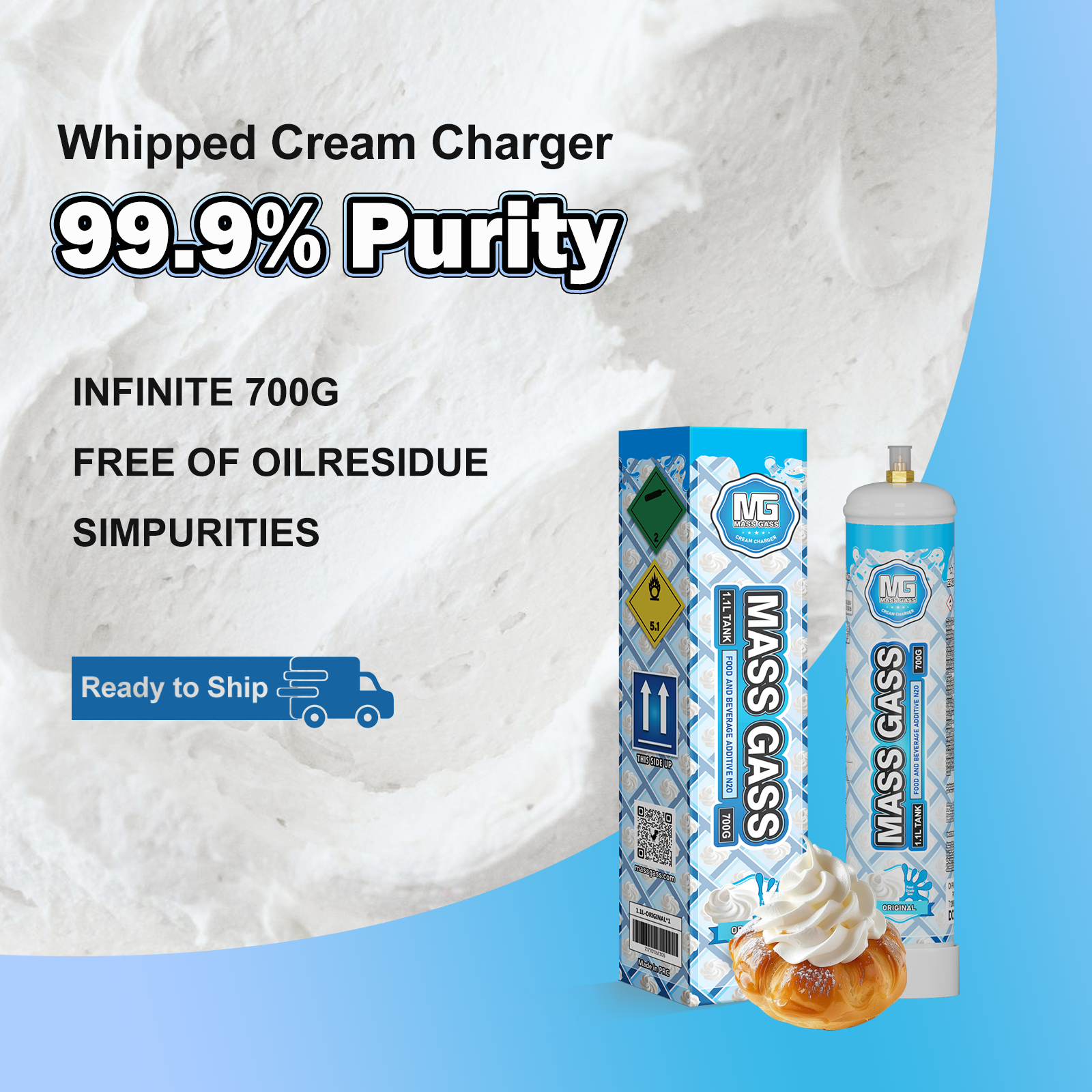 MassGass 1.1L/700g -Whipped Nitrous Oxide Cream Chargers Unflavored  · Professional Whipping · Smooth & Instant Results