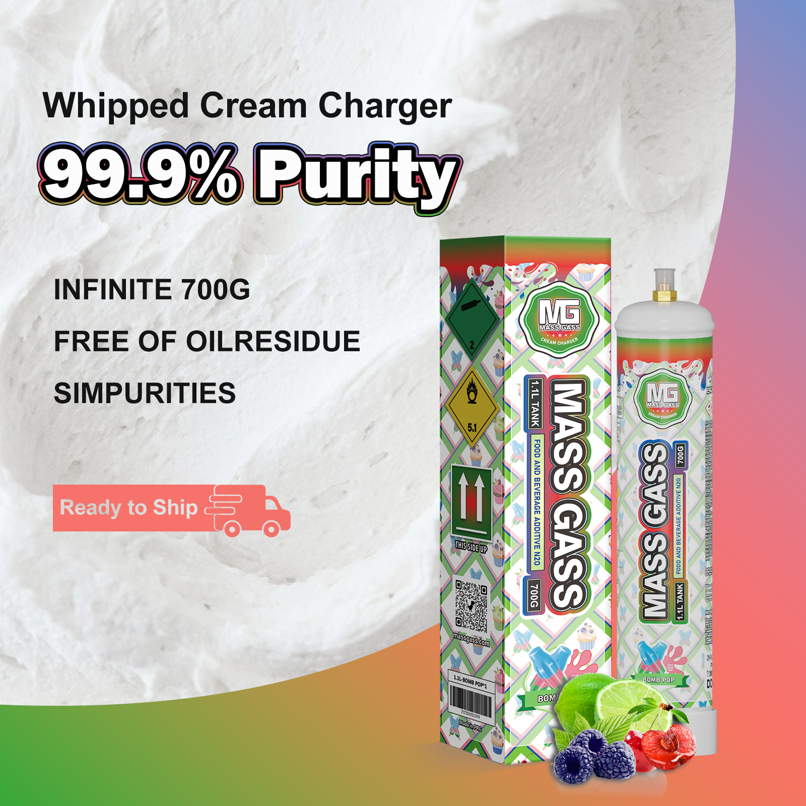 MassGass 1.1L/700g -Bombpop Flavor Whipped Nitrous Oxide Cream Chargers