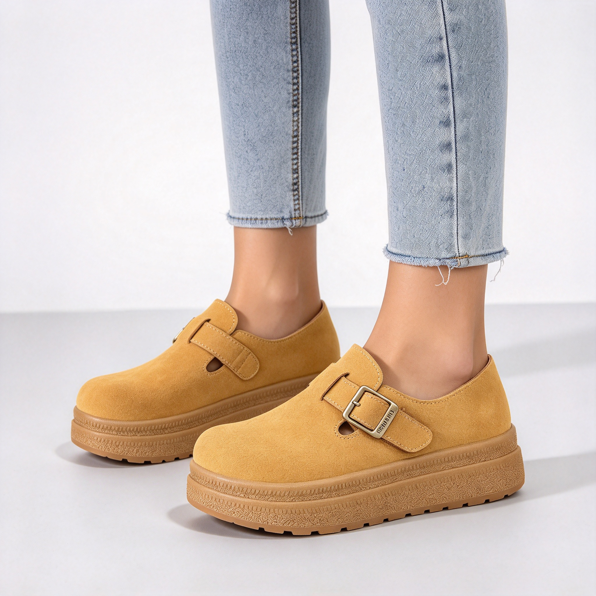 Women’s Thick Sole Suede Clogs, Vintage Adjustable Buckle Casual Daily Shoes