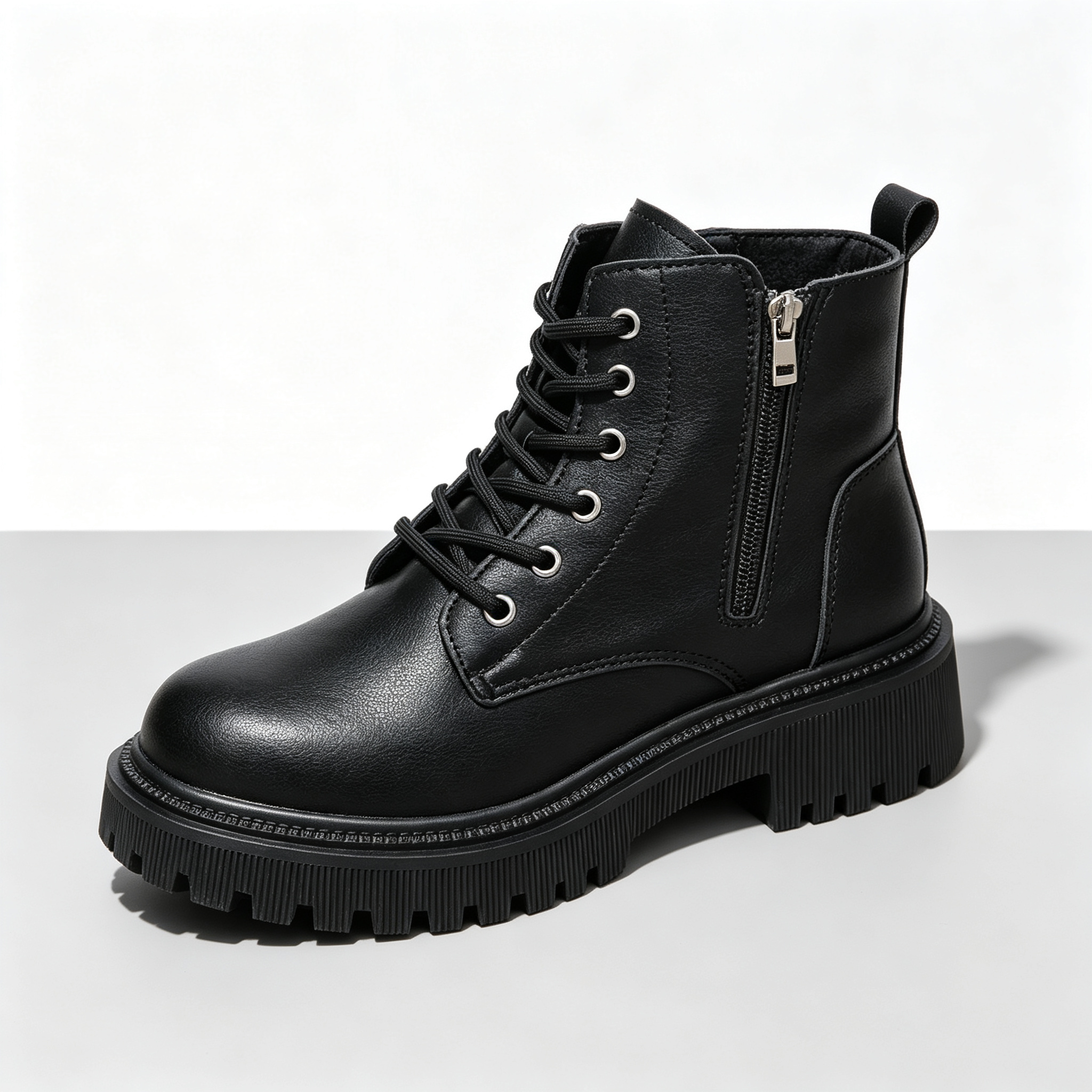 Lace‑Up Side Zipper Chunky Sole Leather Ankle Boots for All‑Season Styling