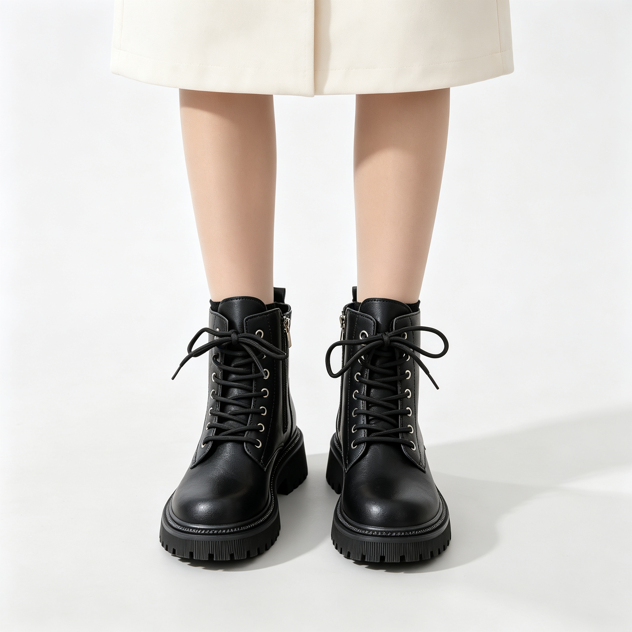 Lace‑Up Side Zipper Chunky Sole Leather Ankle Boots for All‑Season Styling