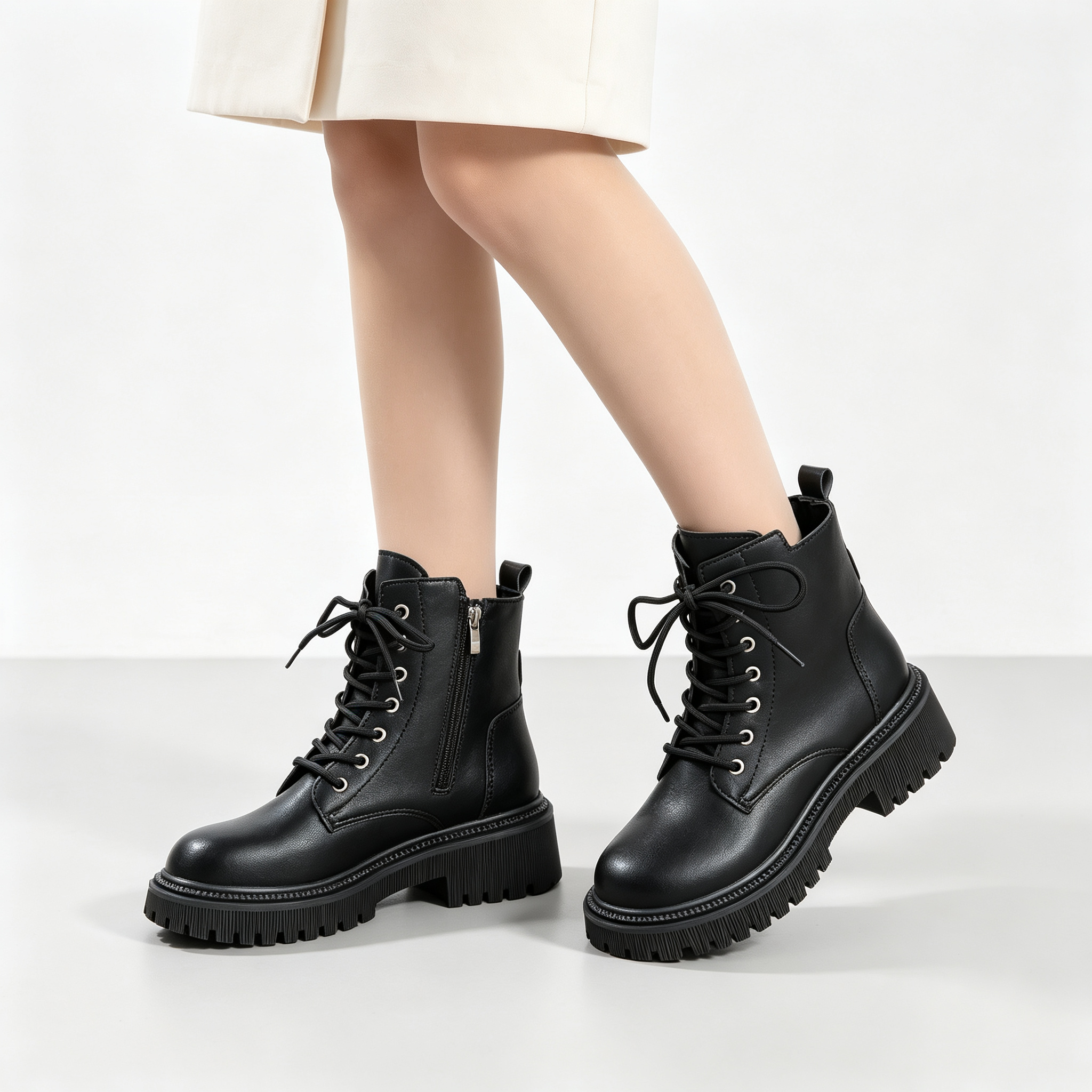 Lace‑Up Side Zipper Chunky Sole Leather Ankle Boots for All‑Season Styling