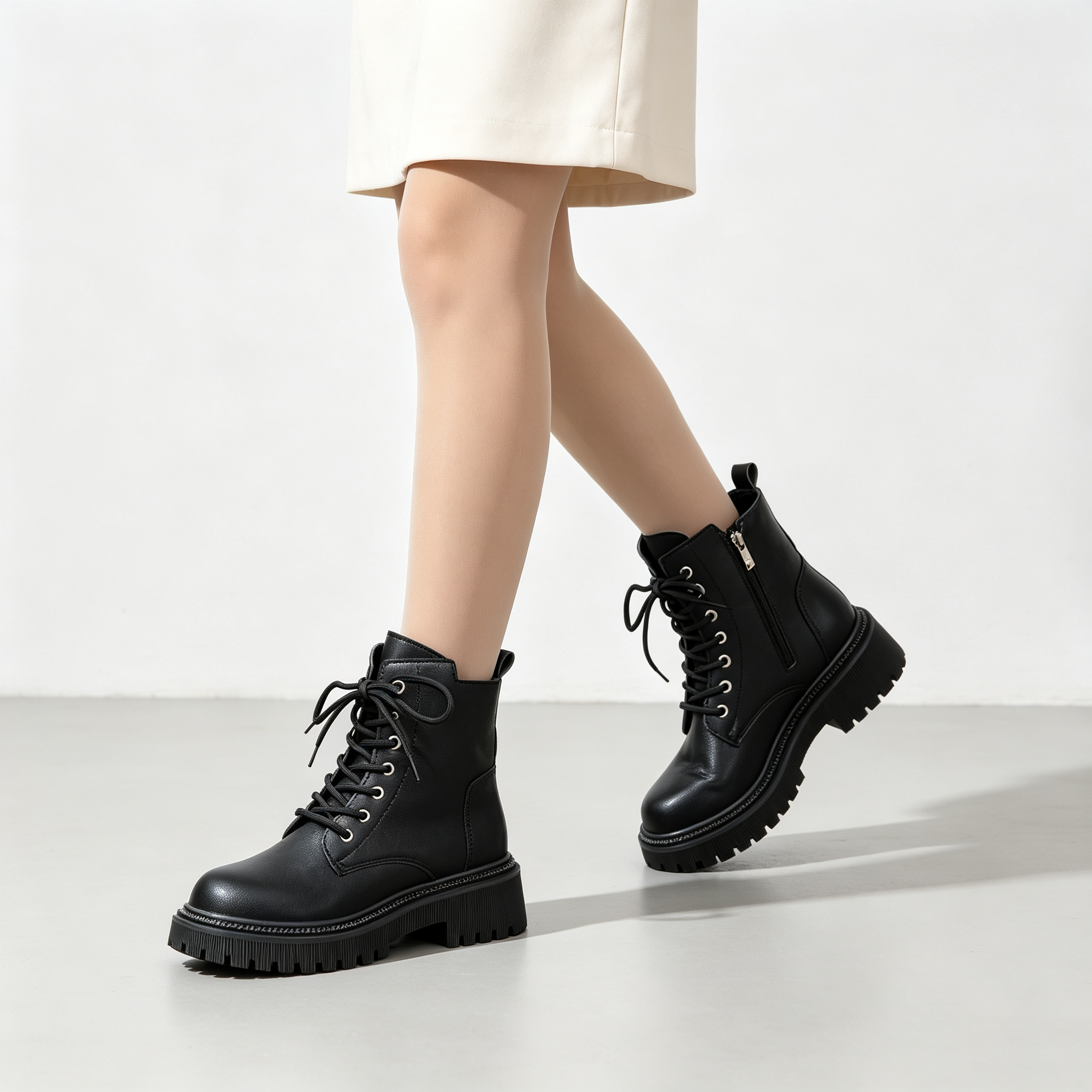 Lace‑Up Side Zipper Chunky Sole Leather Ankle Boots for All‑Season Styling