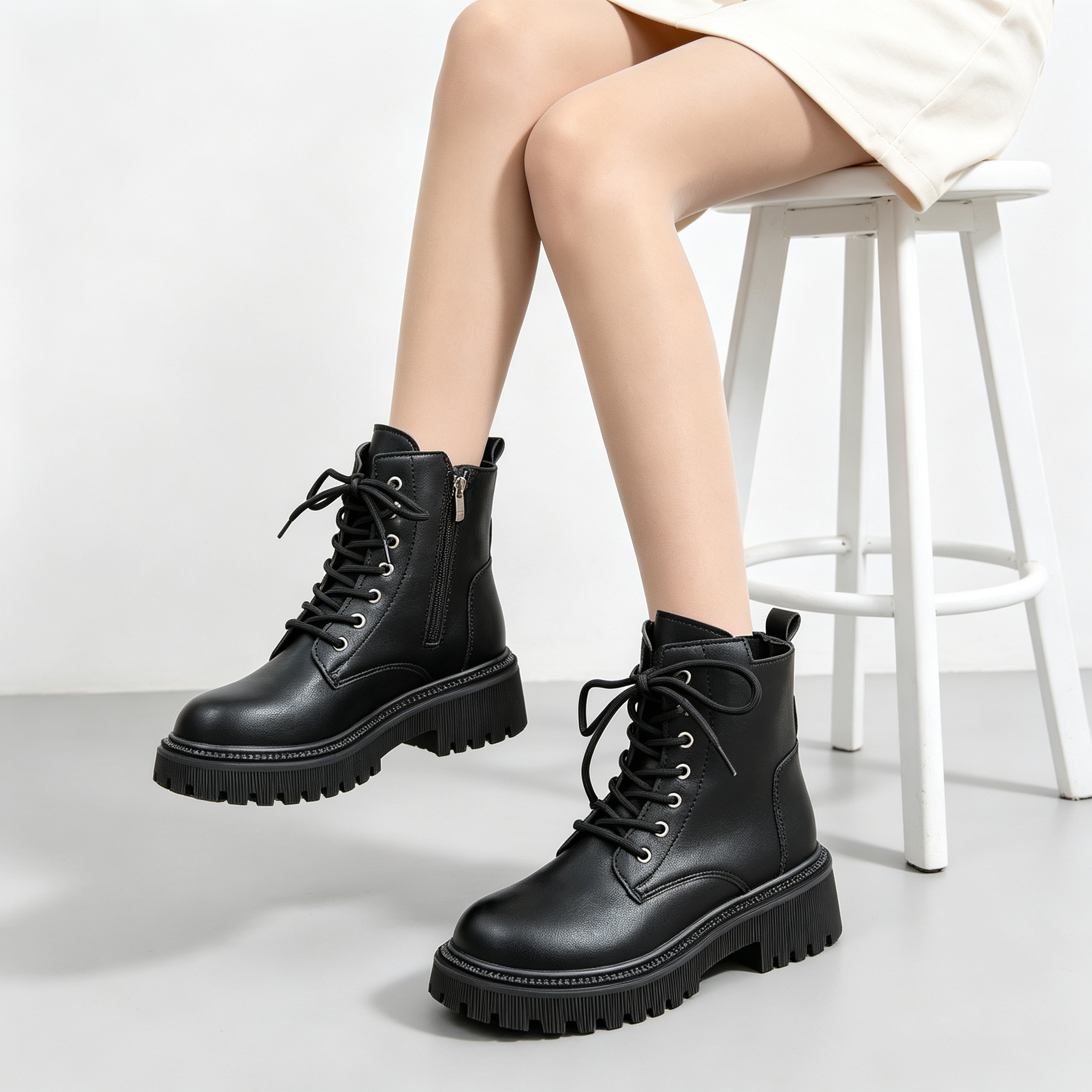 Lace‑Up Side Zipper Chunky Sole Leather Ankle Boots for All‑Season Styling