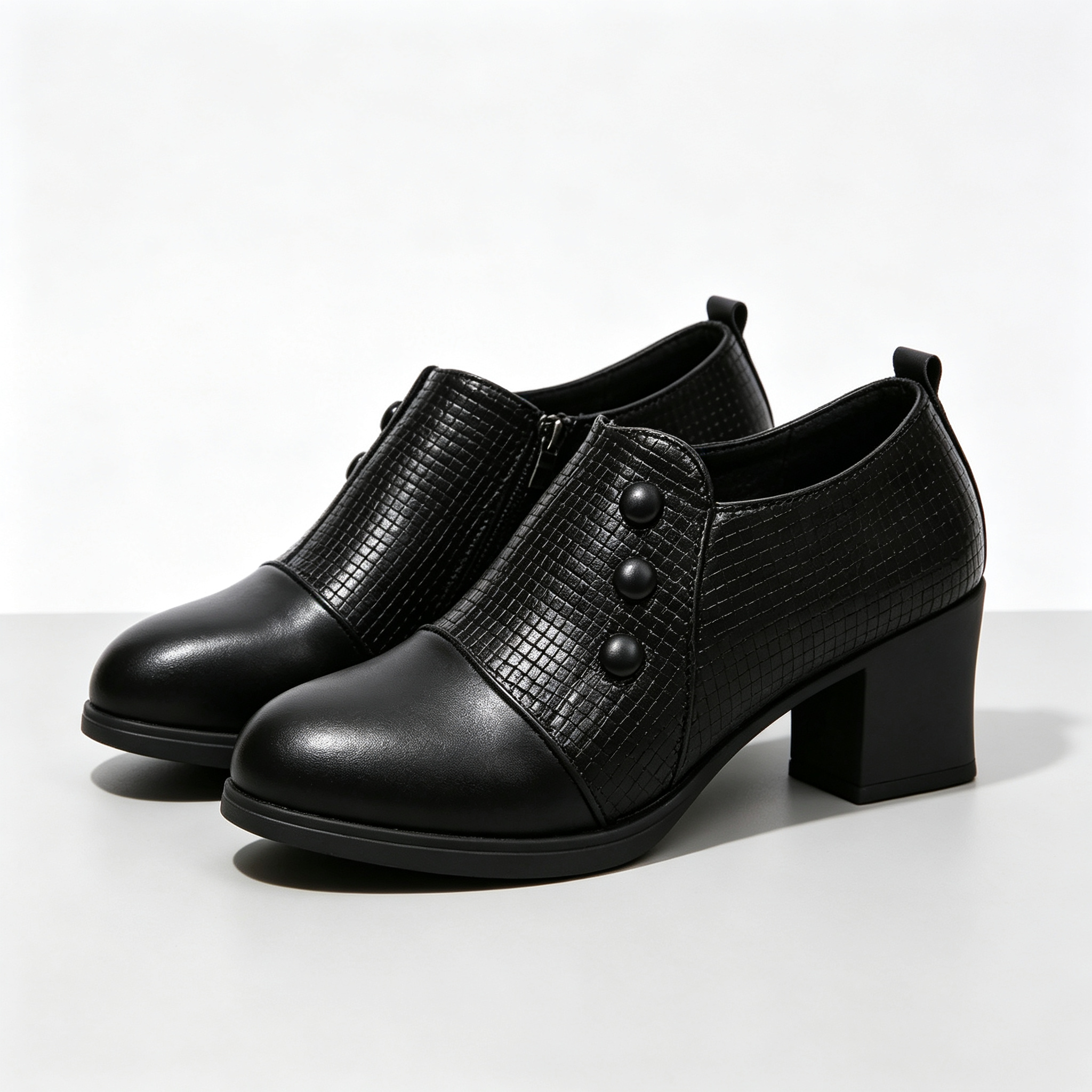 Elegant Women’s Chunky Block Heel Shootie Shoes, Retro Textured Faux Leather Button‑Accent Closed‑Toe Business Casual Footwear