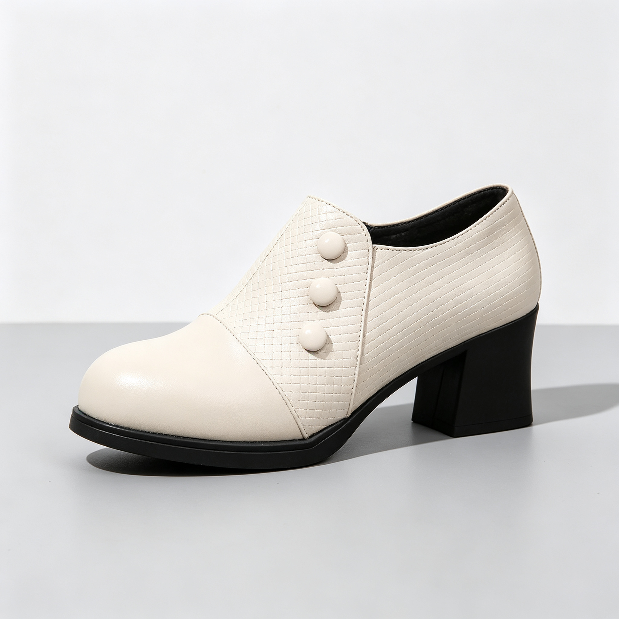 Elegant Women’s Chunky Block Heel Shootie Shoes, Retro Textured Faux Leather Button‑Accent Closed‑Toe Business Casual Footwear