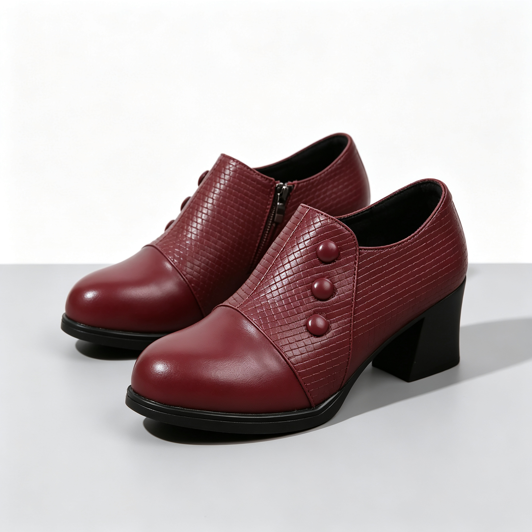 Elegant Women’s Chunky Block Heel Shootie Shoes, Retro Textured Faux Leather Button‑Accent Closed‑Toe Business Casual Footwear