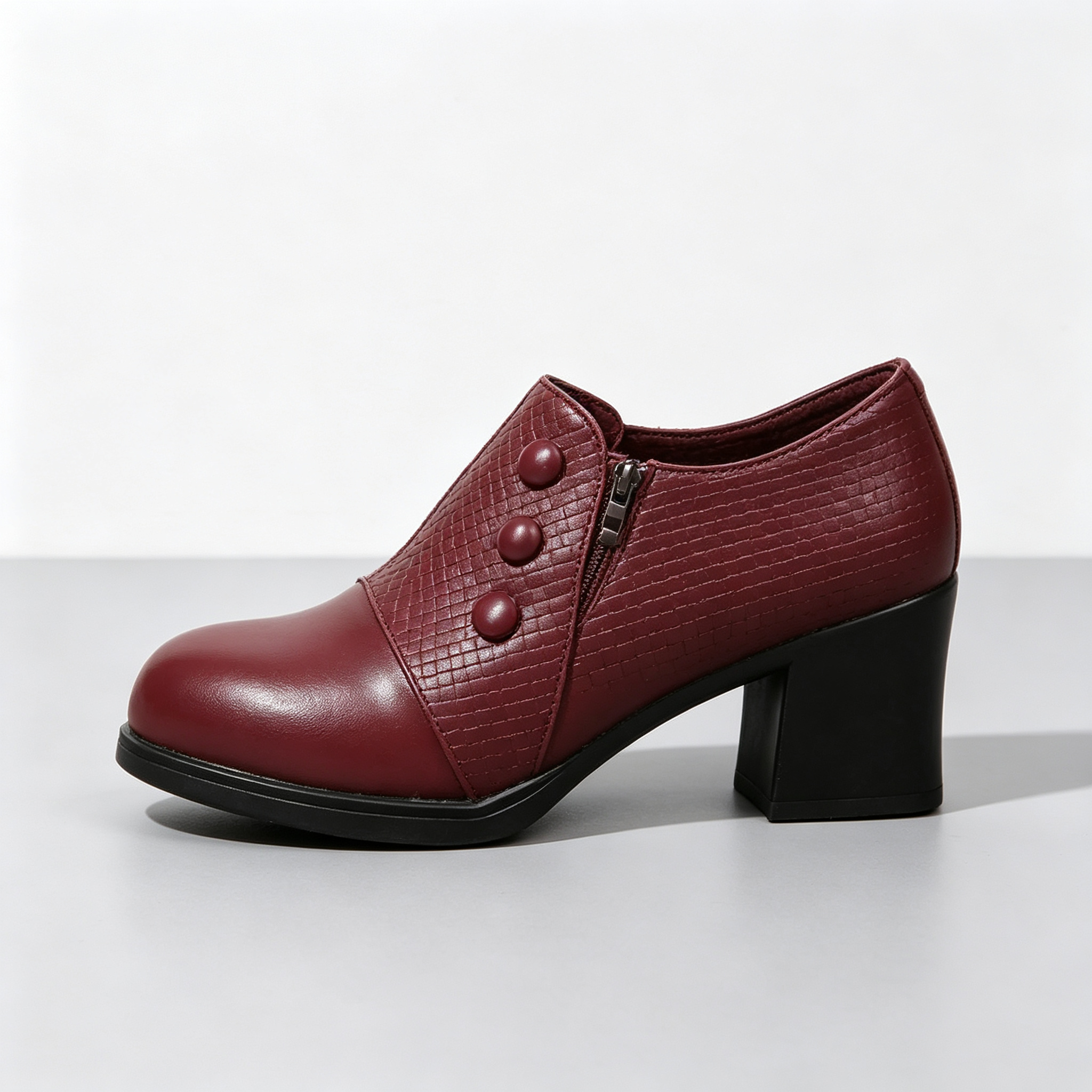 Elegant Women’s Chunky Block Heel Shootie Shoes, Retro Textured Faux Leather Button‑Accent Closed‑Toe Business Casual Footwear