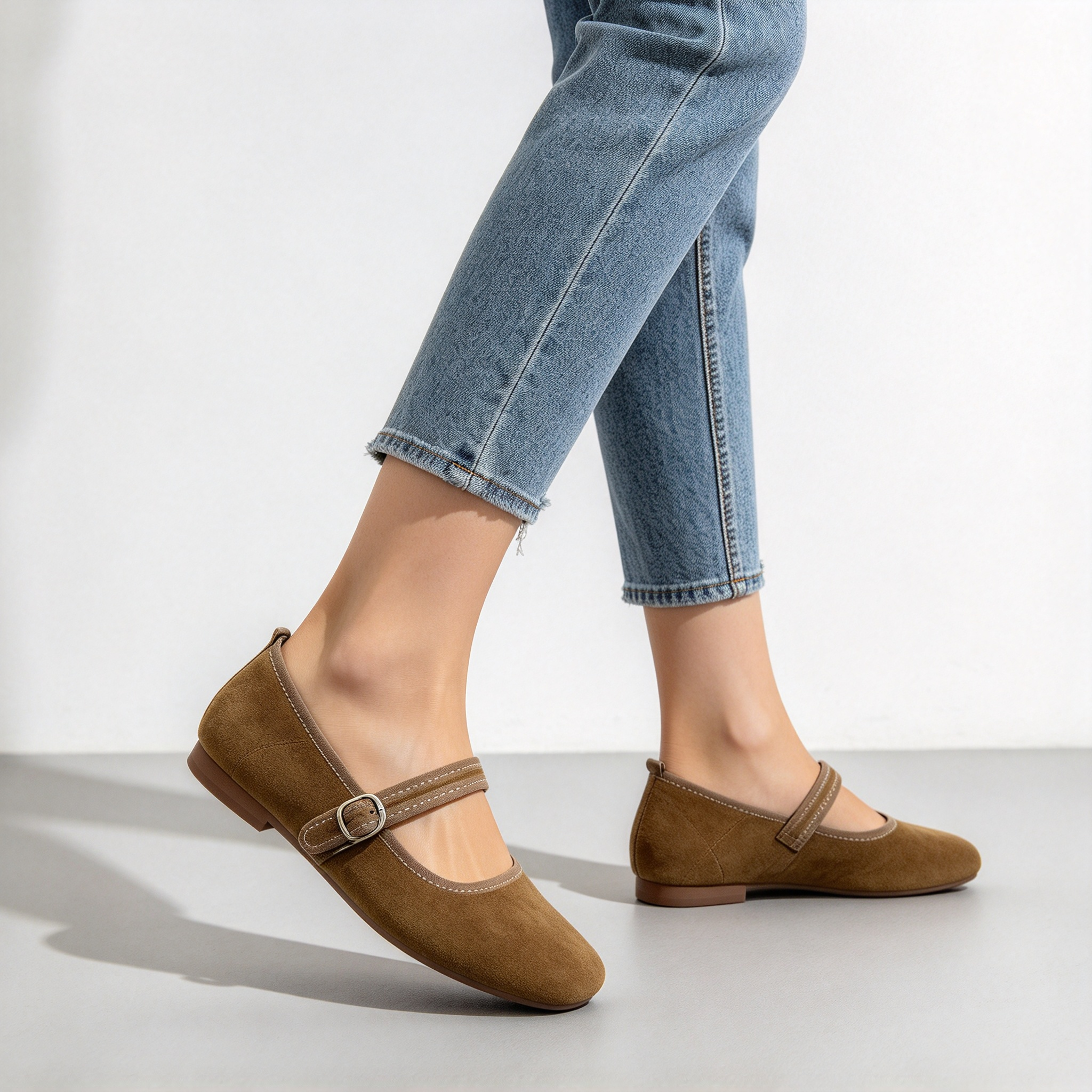 Women’s Soft Suede Mary Jane Flat Shoes, Elegant Square Toe with Adjustable Buckle Strap