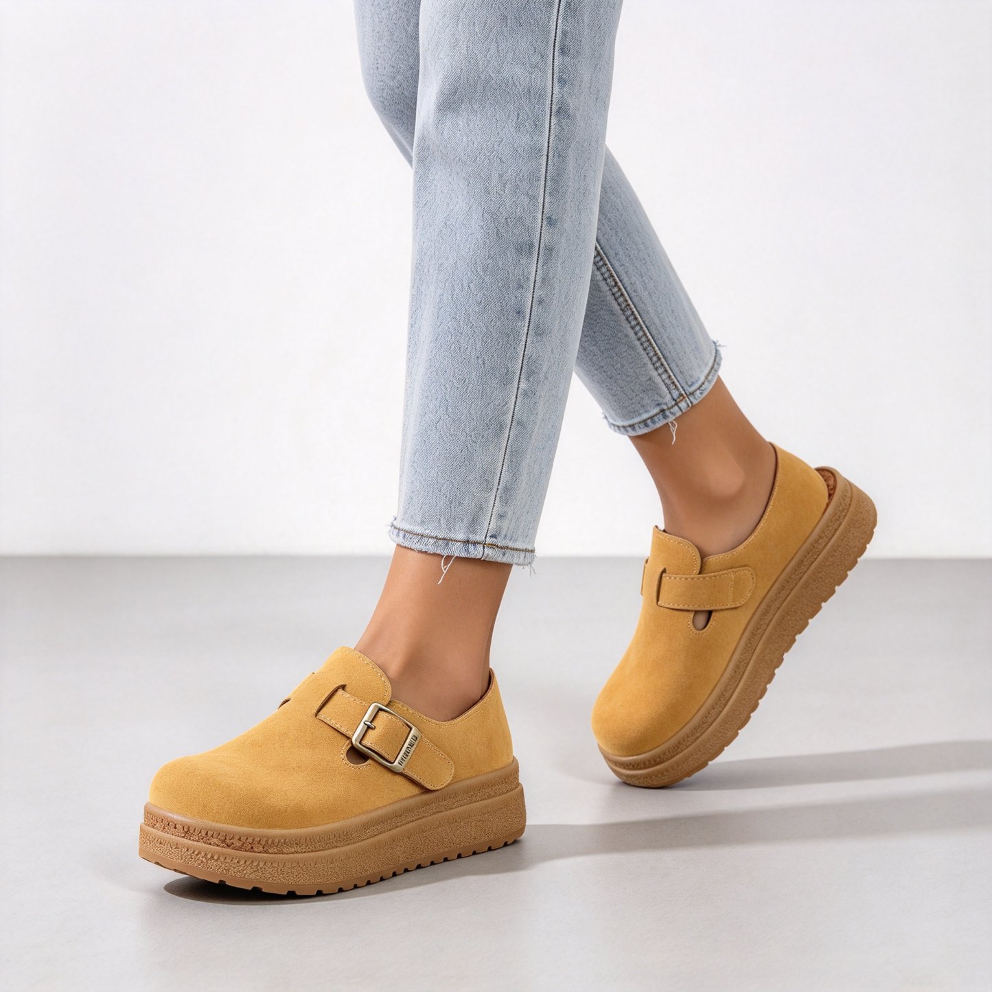 Women’s Thick Sole Suede Clogs, Vintage Adjustable Buckle Casual Daily Shoes