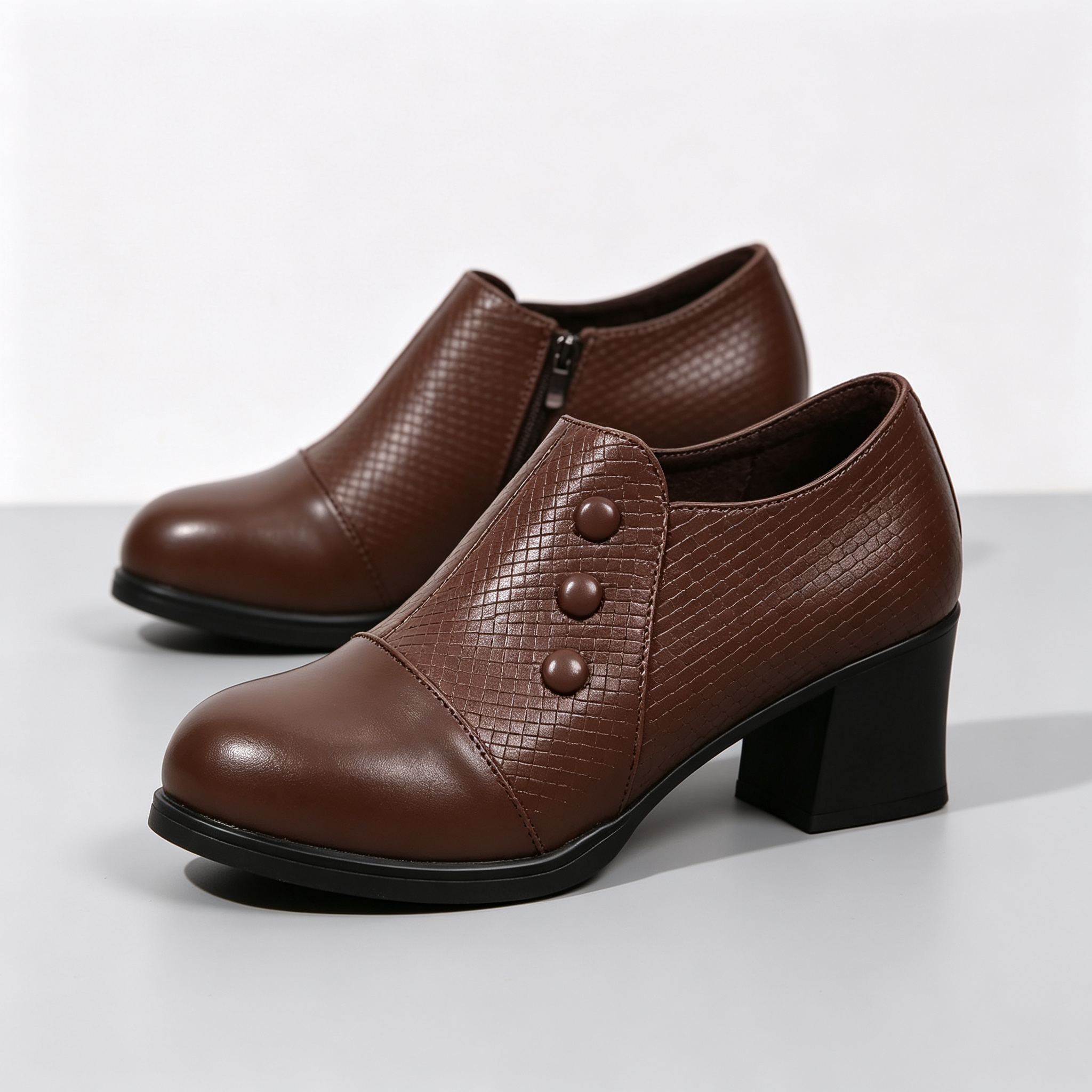 Elegant Women’s Chunky Block Heel Shootie Shoes, Retro Textured Faux Leather Button‑Accent Closed‑Toe Business Casual Footwear