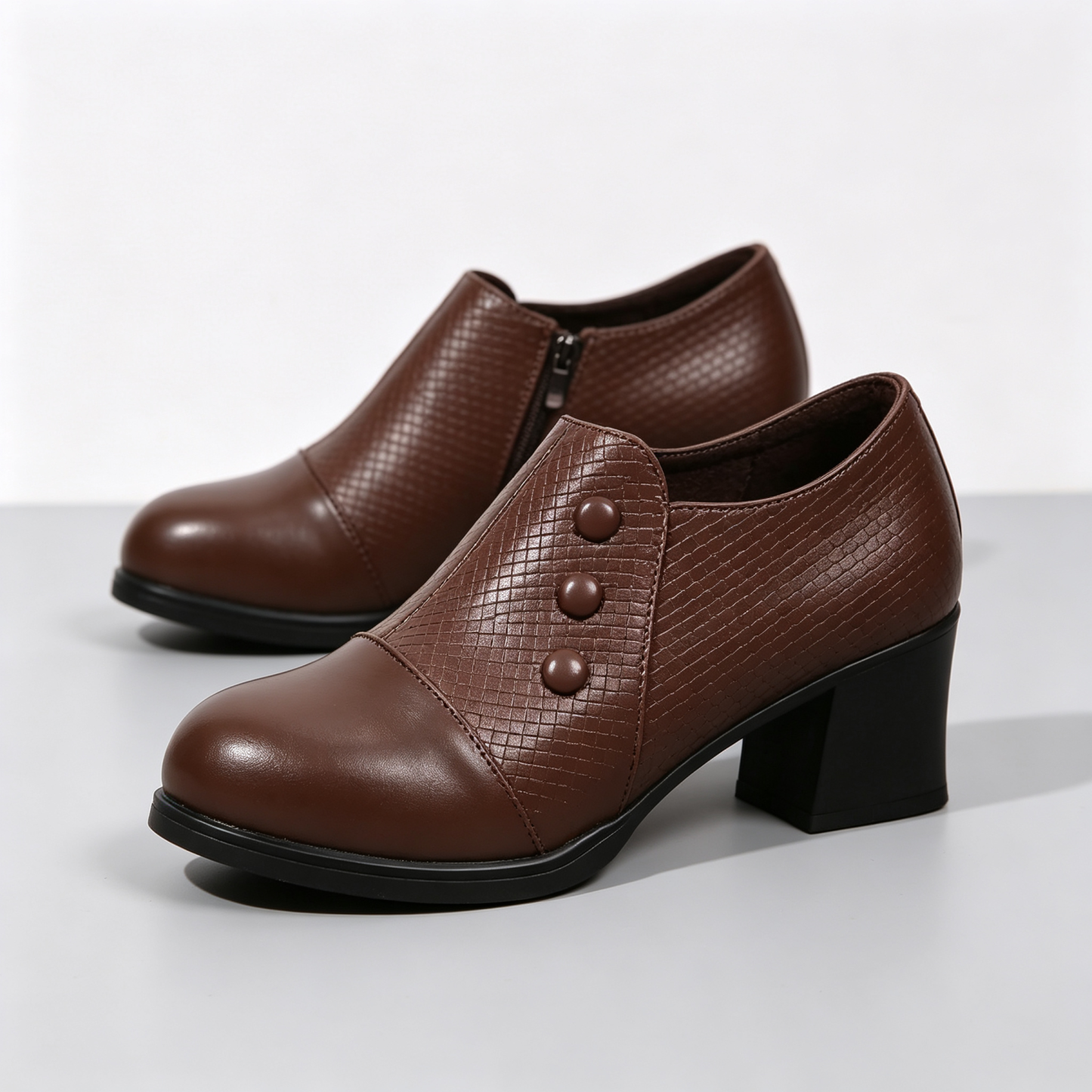 Elegant Women’s Chunky Block Heel Shootie Shoes, Retro Textured Faux Leather Button‑Accent Closed‑Toe Business Casual Footwear