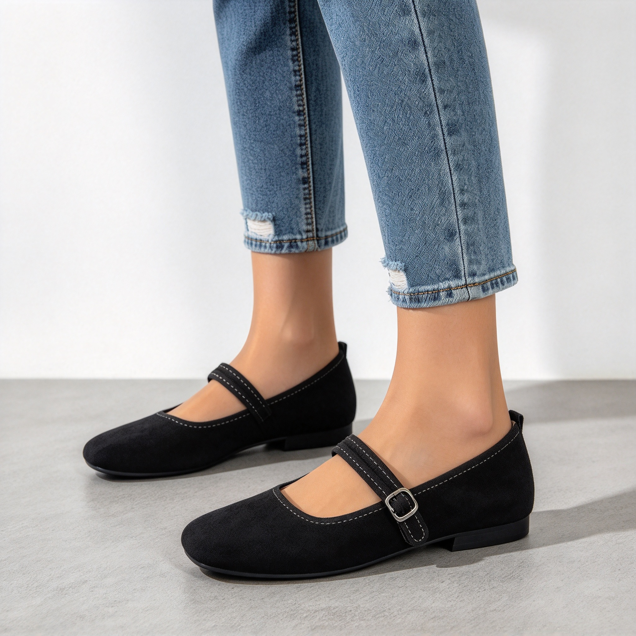 Women’s Soft Suede Mary Jane Flat Shoes, Elegant Square Toe with Adjustable Buckle Strap