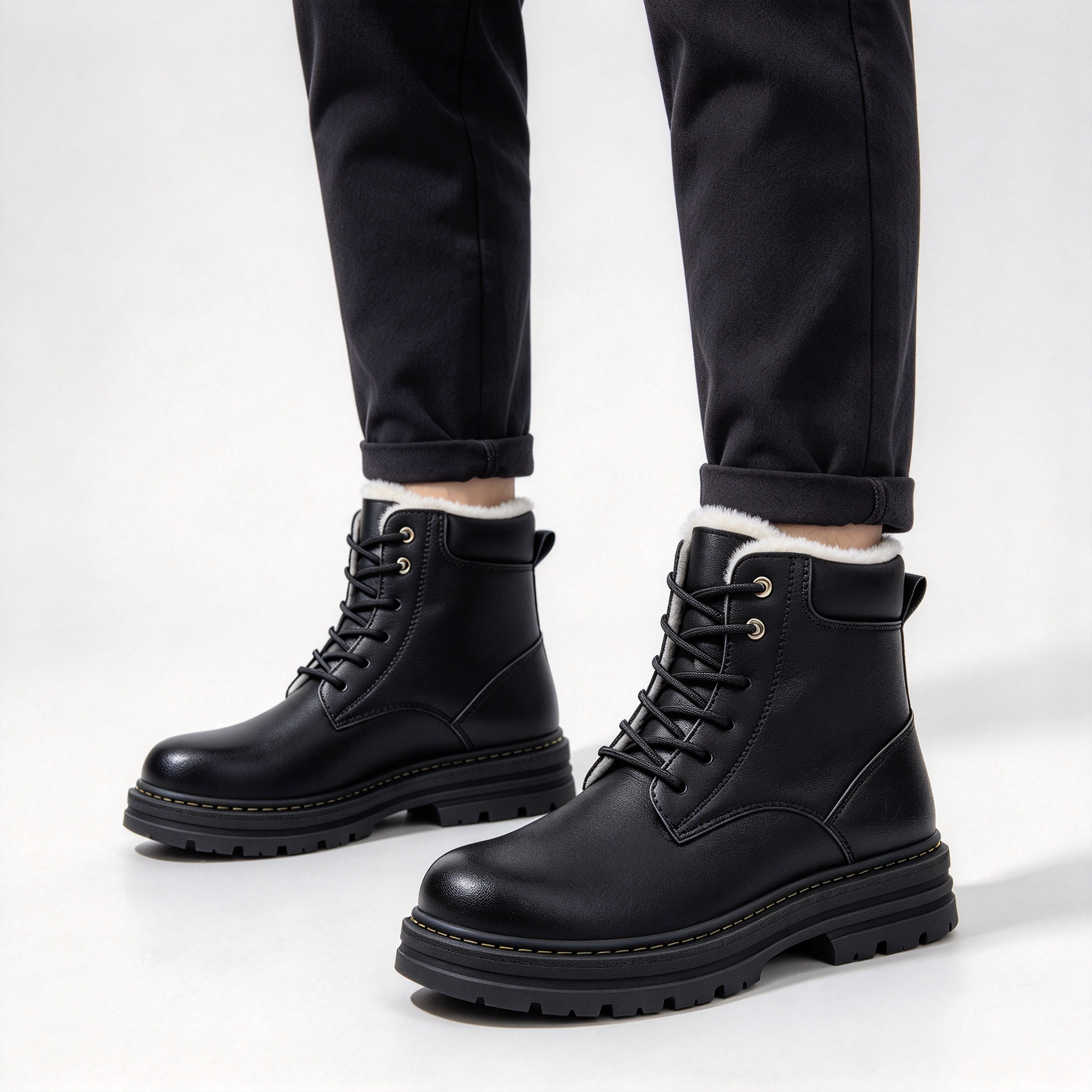Premium Vintage Leather Men’s Winter Boots, Plush Fleece Inside Lace-up Combat Boots